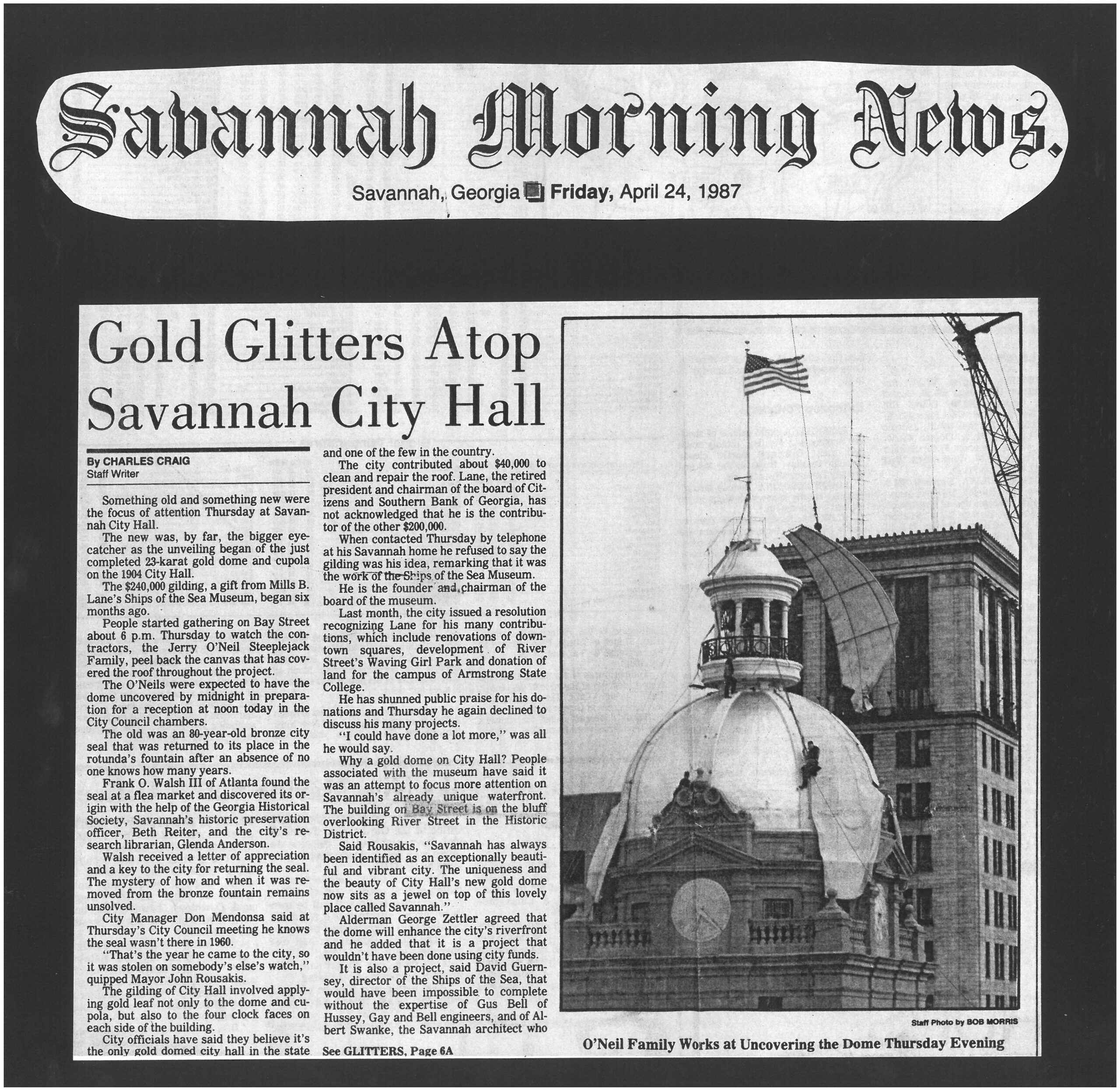 newspaper clipping from 1987 on City of Savannah City Hall Dome construction